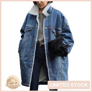 Long Sherpa Fleece Lined Denim Jacket Oversized Trucker Coat Vintage Style